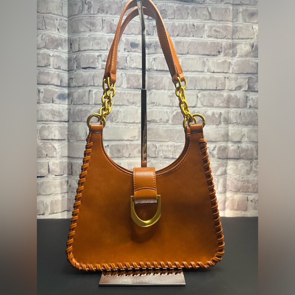 Antik Kraft Tan Vegan Leather Shoulder Bag with Gold Chain Detail, EUC